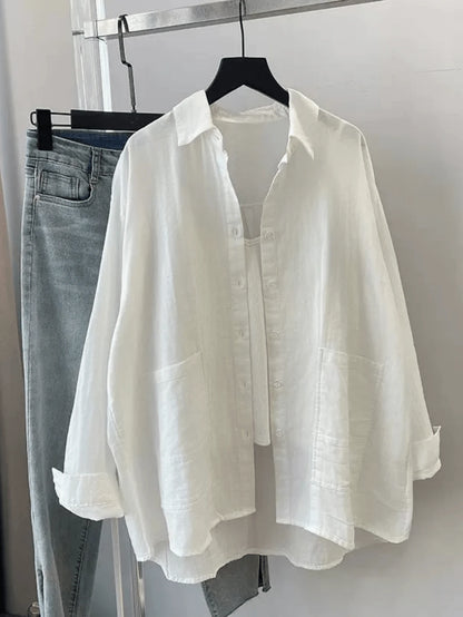 Women's Solid Color Loose Casual Long Sleeve Shirt With Pockets, Dropped Shoulder Design, Shirt Collar And Front Pocket, Woven Fabric For Casual Everyday Look, Work To Weekend