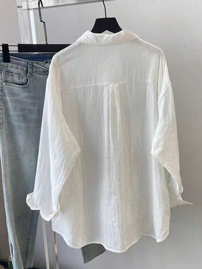 Women's Solid Color Loose Casual Long Sleeve Shirt With Pockets, Dropped Shoulder Design, Shirt Collar And Front Pocket, Woven Fabric For Casual Everyday Look, Work To Weekend