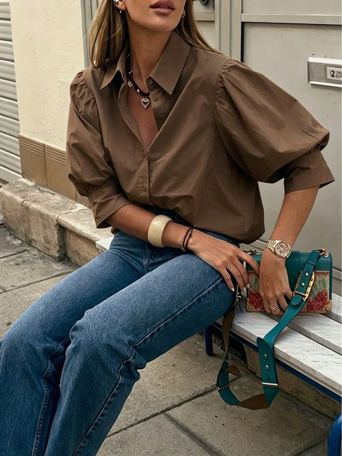 Women's Solid Color Mid-Sleeve Blouse, Puff Sleeve Design, Loose Fit, Vintage Casual, Suitable For Daily Wear, Dating, Business, Elegant Summer