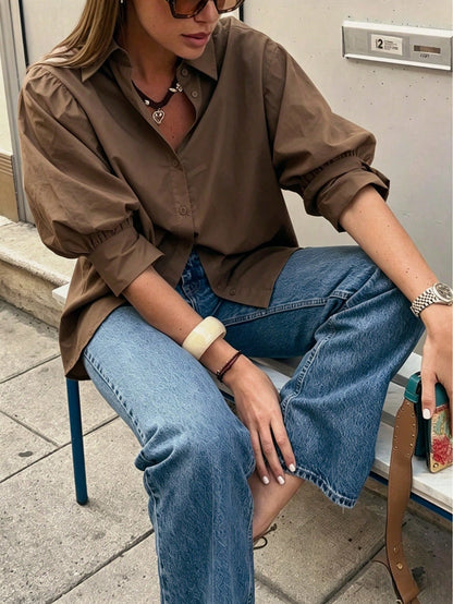 Women's Solid Color Mid-Sleeve Blouse, Puff Sleeve Design, Loose Fit, Vintage Casual, Suitable For Daily Wear, Dating, Business, Elegant Summer