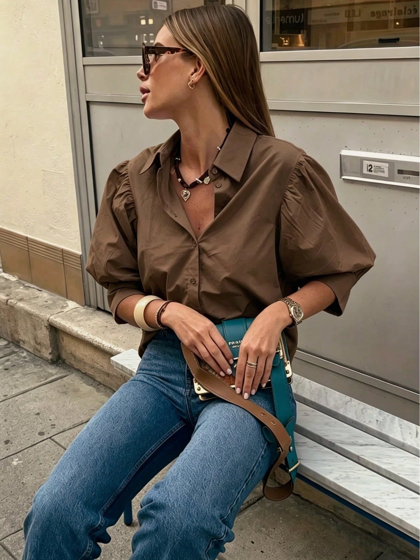 Women's Solid Color Mid-Sleeve Blouse, Puff Sleeve Design, Loose Fit, Vintage Casual, Suitable For Daily Wear, Dating, Business, Elegant Summer