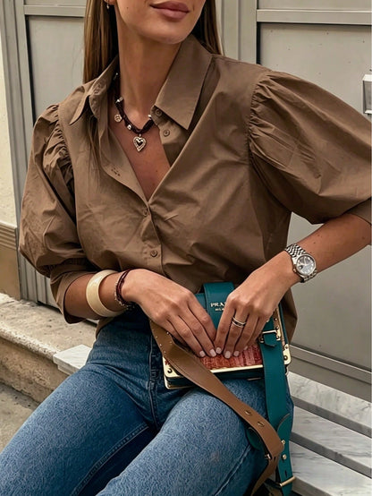 Women's Solid Color Mid-Sleeve Blouse, Puff Sleeve Design, Loose Fit, Vintage Casual, Suitable For Daily Wear, Dating, Business, Elegant Summer