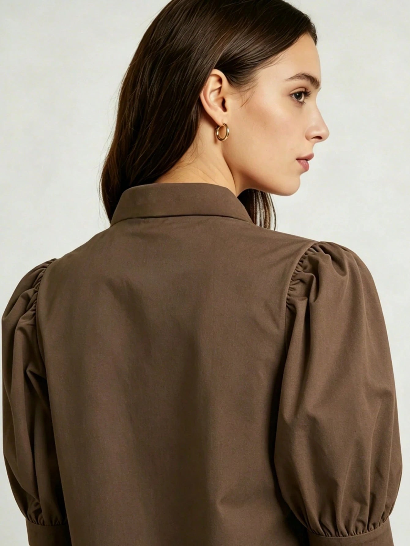 Women's Solid Color Mid-Sleeve Blouse, Puff Sleeve Design, Loose Fit, Vintage Casual, Suitable For Daily Wear, Dating, Business, Elegant Summer