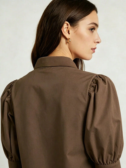 Women's Solid Color Mid-Sleeve Blouse, Puff Sleeve Design, Loose Fit, Vintage Casual, Suitable For Daily Wear, Dating, Business, Elegant Summer