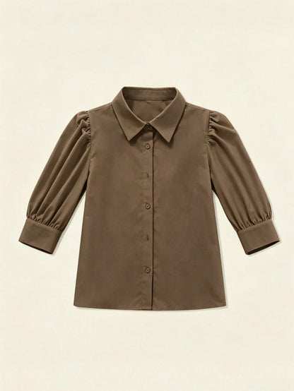 Women's Solid Color Mid-Sleeve Blouse, Puff Sleeve Design, Loose Fit, Vintage Casual, Suitable For Daily Wear, Dating, Business, Elegant Summer