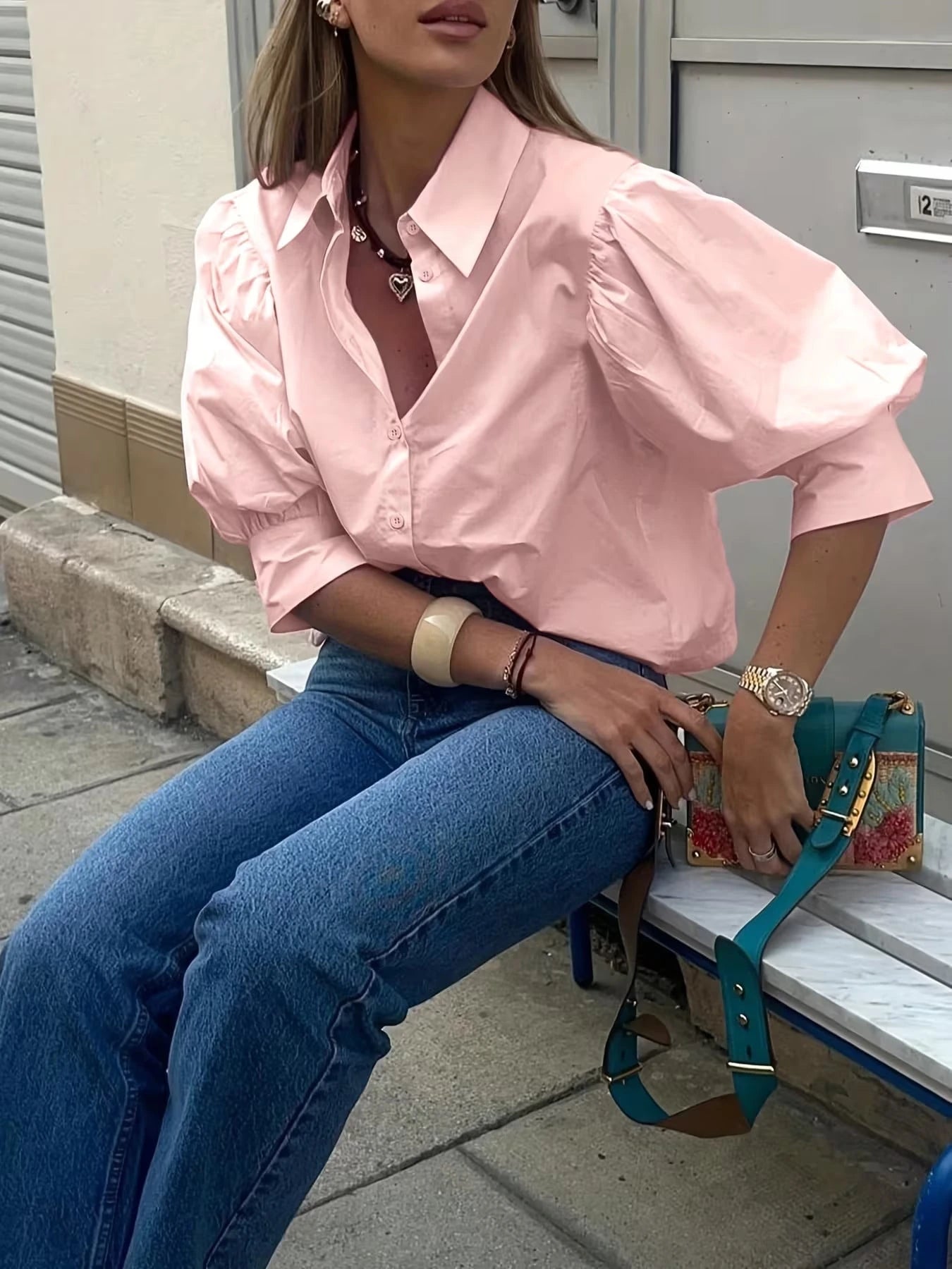 Women's Solid Color Mid-Sleeve Blouse, Puff Sleeve Design, Loose Fit, Vintage Casual, Suitable For Daily Wear, Dating, Business, Elegant Summer