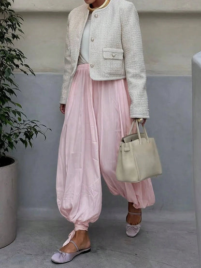 Women's Solid Color Pleated Casual Loose Drawstring Harem Pants Pink Spring