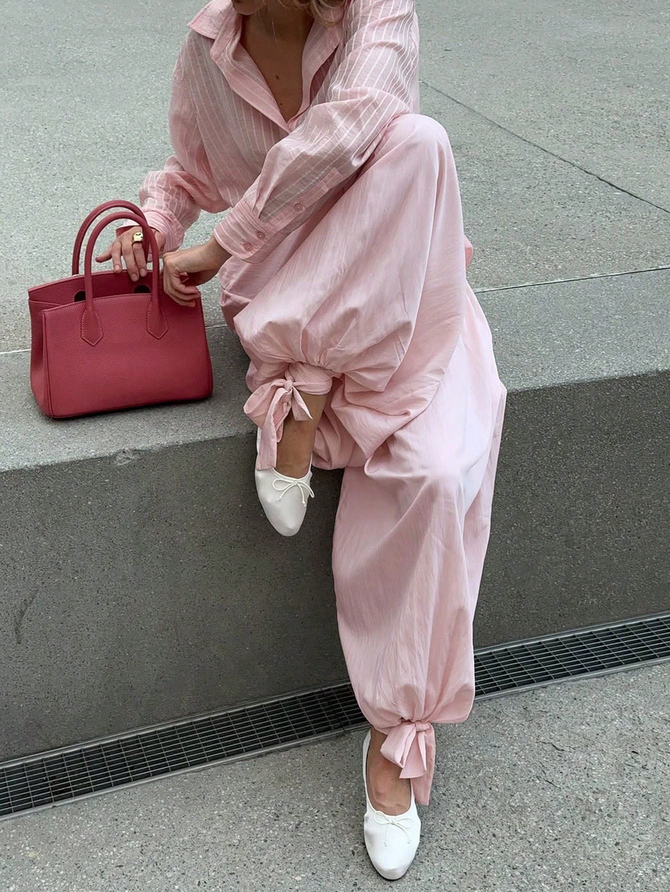 Women's Solid Color Pleated Casual Loose Drawstring Harem Pants Pink Spring