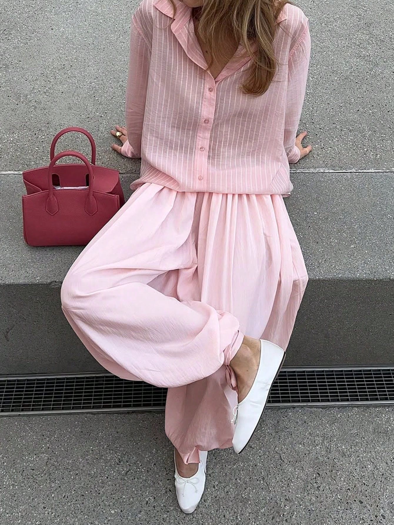 Women's Solid Color Pleated Casual Loose Drawstring Harem Pants Pink Spring