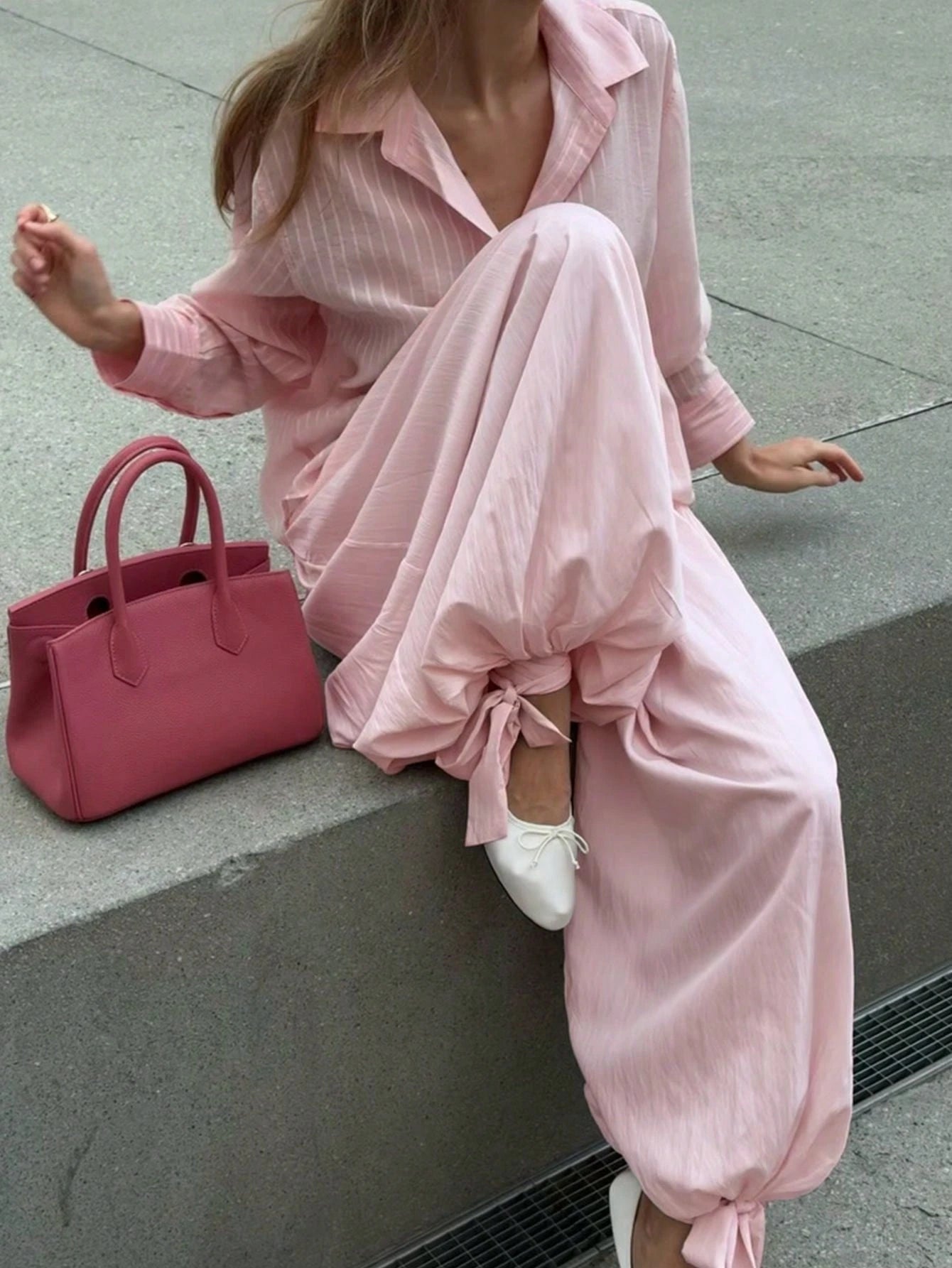 Women's Solid Color Pleated Casual Loose Drawstring Harem Pants Pink Spring