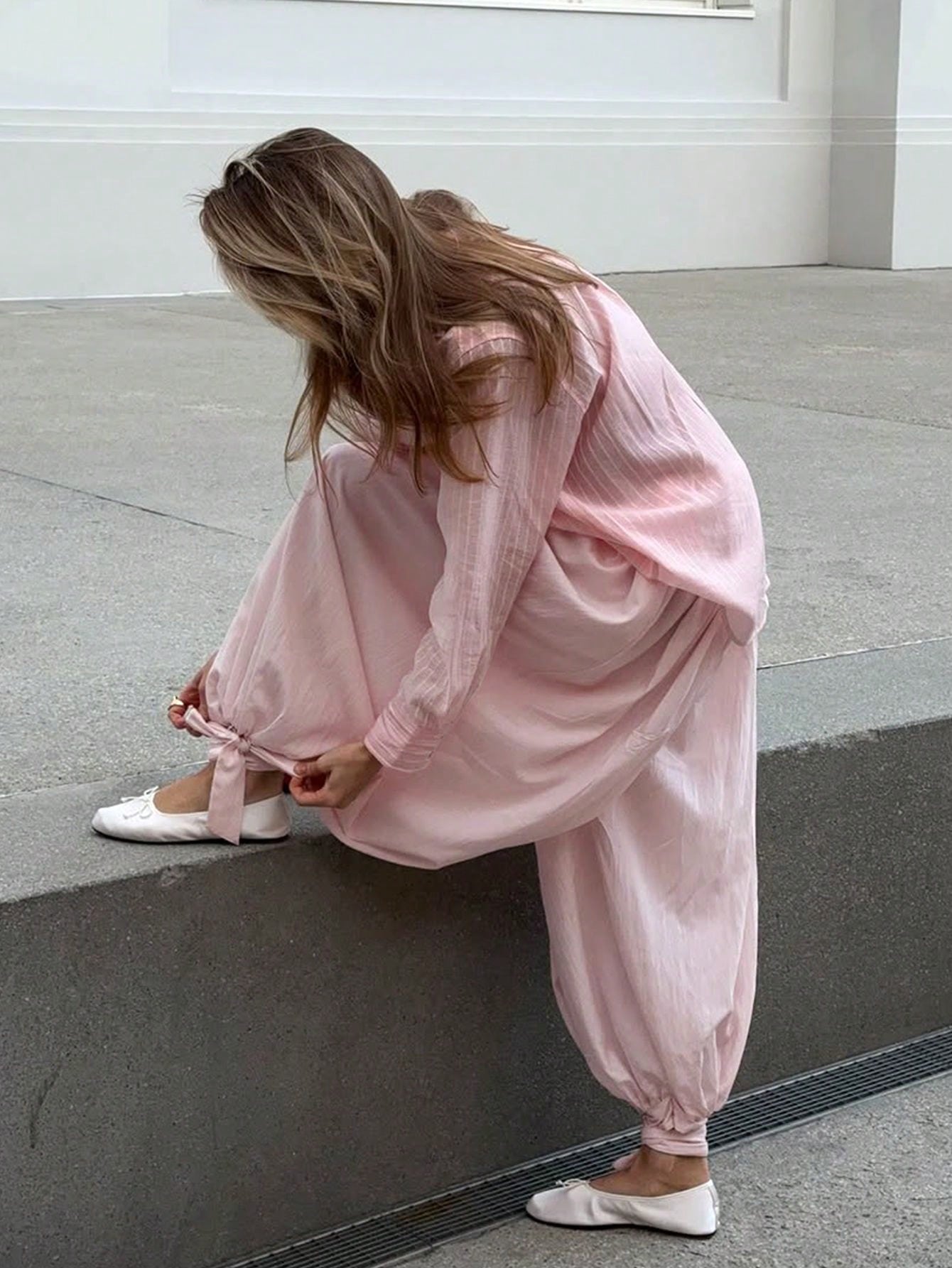 Women's Solid Color Pleated Casual Loose Drawstring Harem Pants Pink Spring