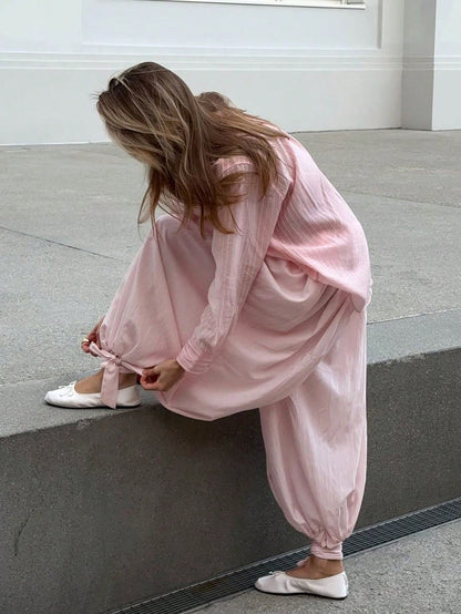 Women's Solid Color Pleated Casual Loose Drawstring Harem Pants Pink Spring