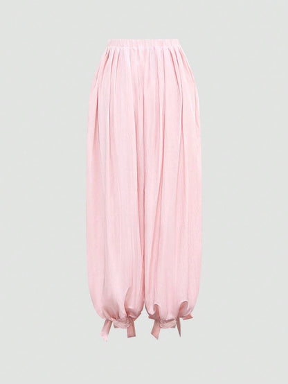 Women's Solid Color Pleated Casual Loose Drawstring Harem Pants Pink Spring