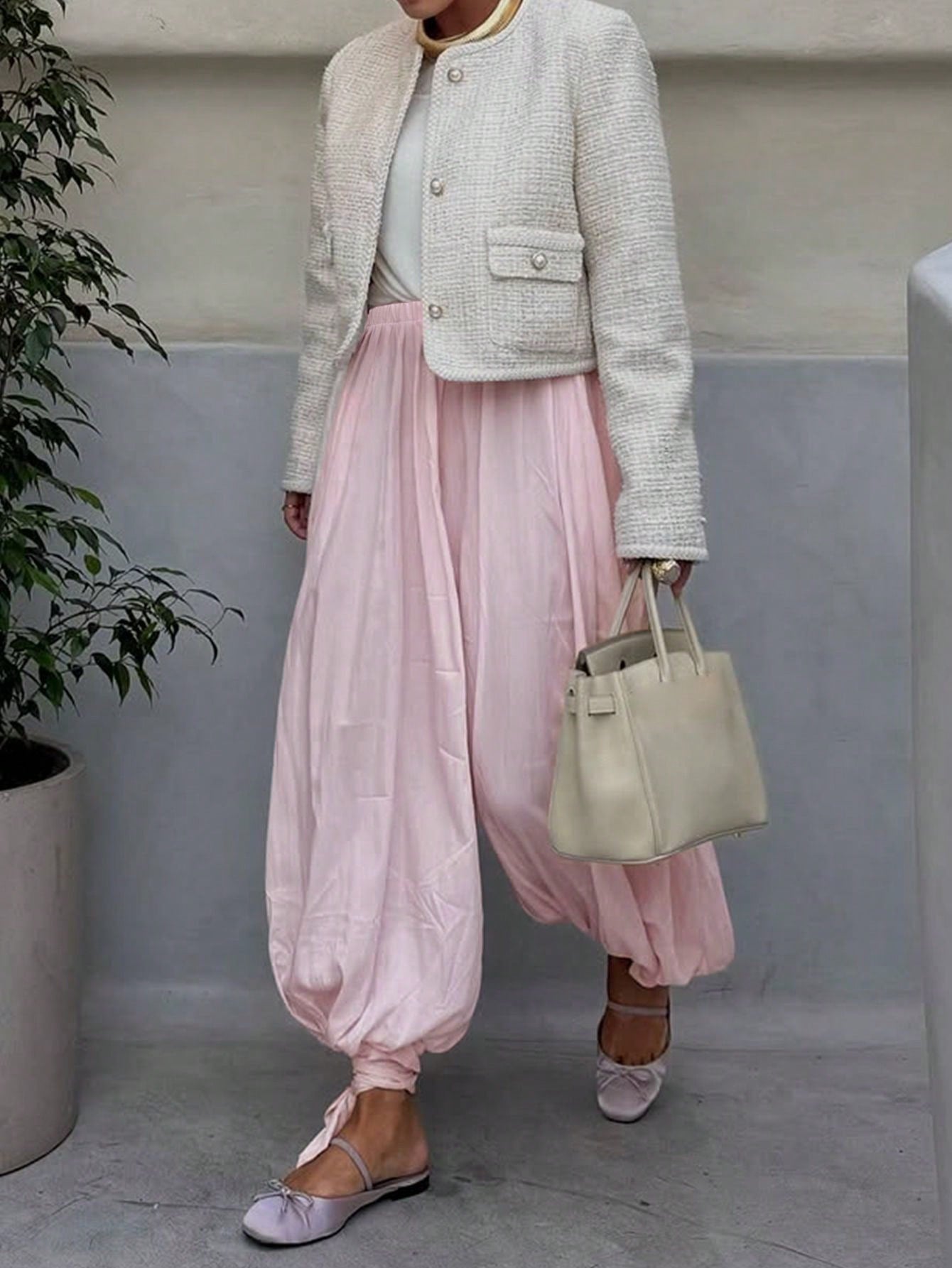 Women's Solid Color Pleated Casual Loose Drawstring Harem Pants Pink Spring