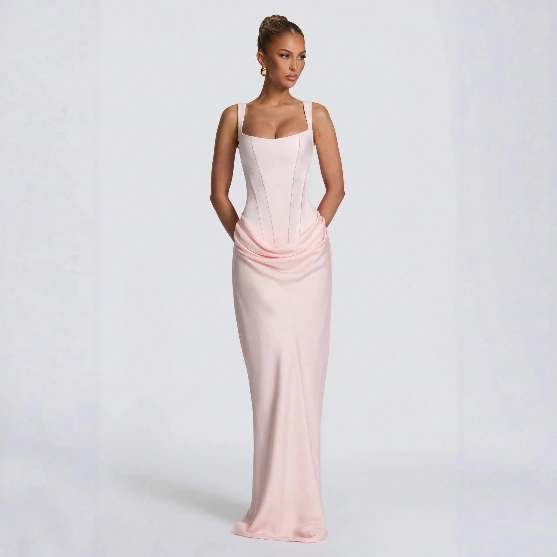 Women's Solid Color Sexy Bodycon Dress, Sleeveless Square Neck Ruched Maxi Gown, Elegant Formal Evening Party Dress