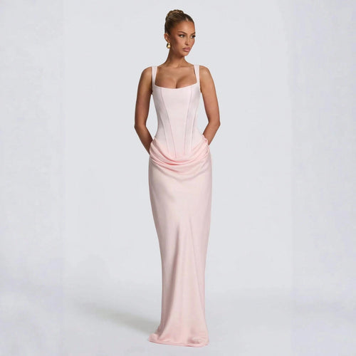 Women's Solid Color Sexy Bodycon Dress, Sleeveless Square Neck Ruched Maxi Gown, Elegant Formal Evening Party Dress
