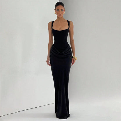 Women's Solid Color Sexy Bodycon Dress, Sleeveless Square Neck Ruched Maxi Gown, Elegant Formal Evening Party Dress