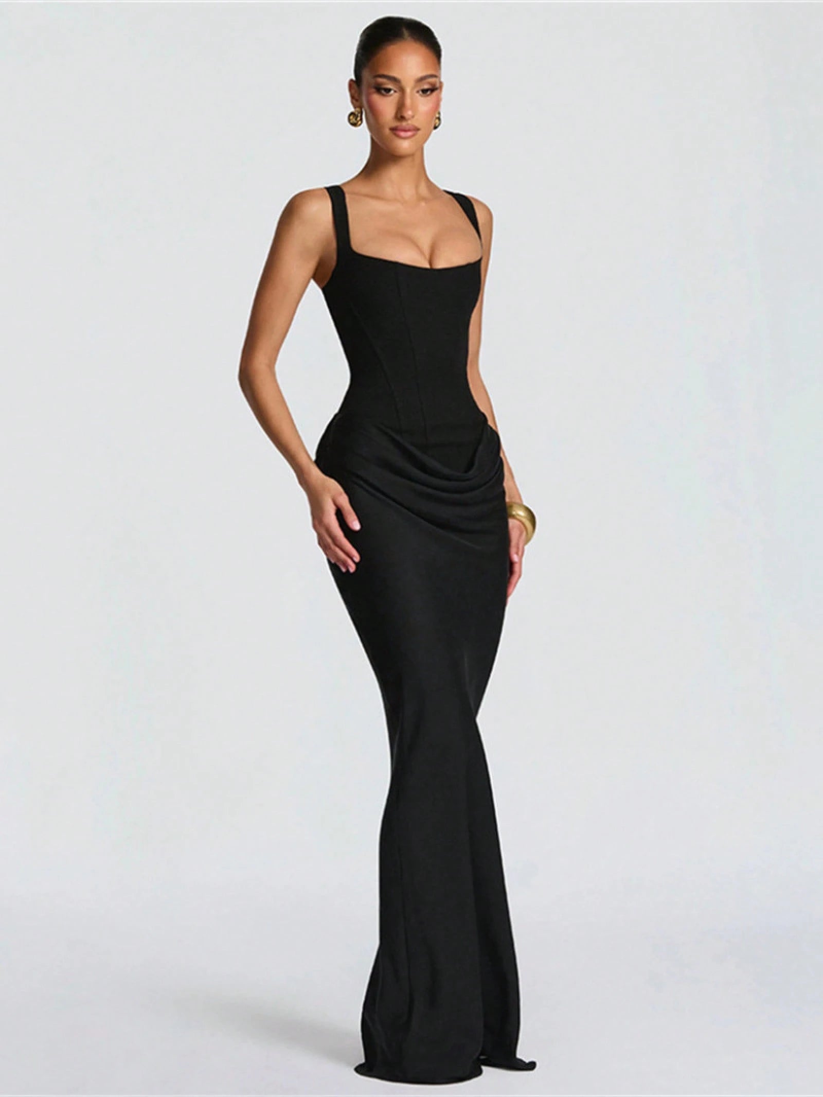 Women's Solid Color Sexy Bodycon Dress, Sleeveless Square Neck Ruched Maxi Gown, Elegant Formal Evening Party Dress