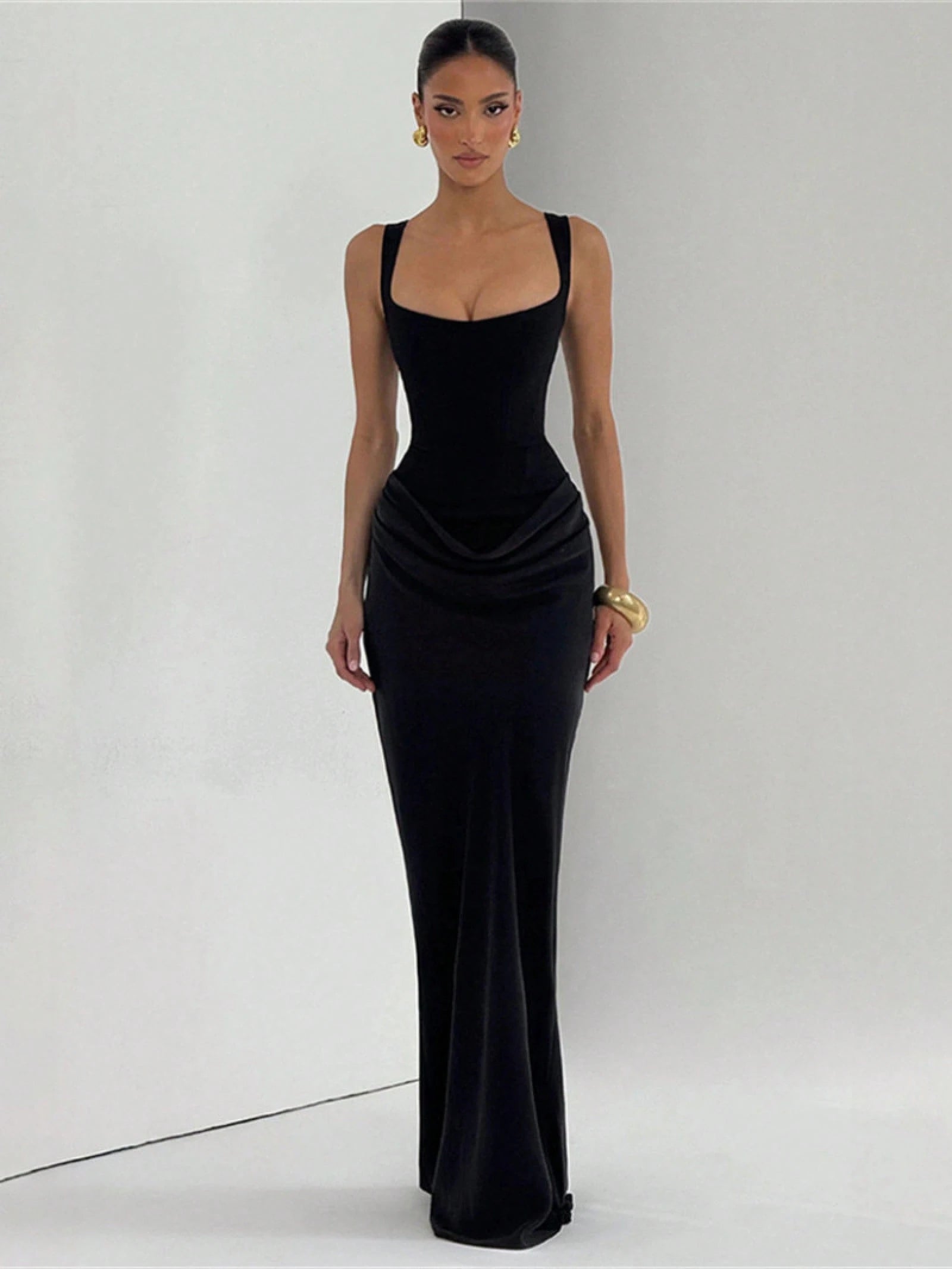 Women's Solid Color Sexy Bodycon Dress, Sleeveless Square Neck Ruched Maxi Gown, Elegant Formal Evening Party Dress