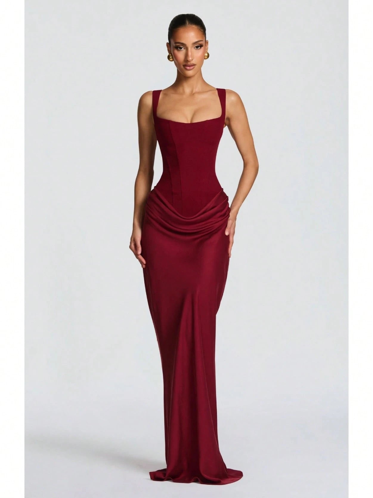 Women's Solid Color Sexy Bodycon Dress, Sleeveless Square Neck Ruched Maxi Gown, Elegant Formal Evening Party Dress