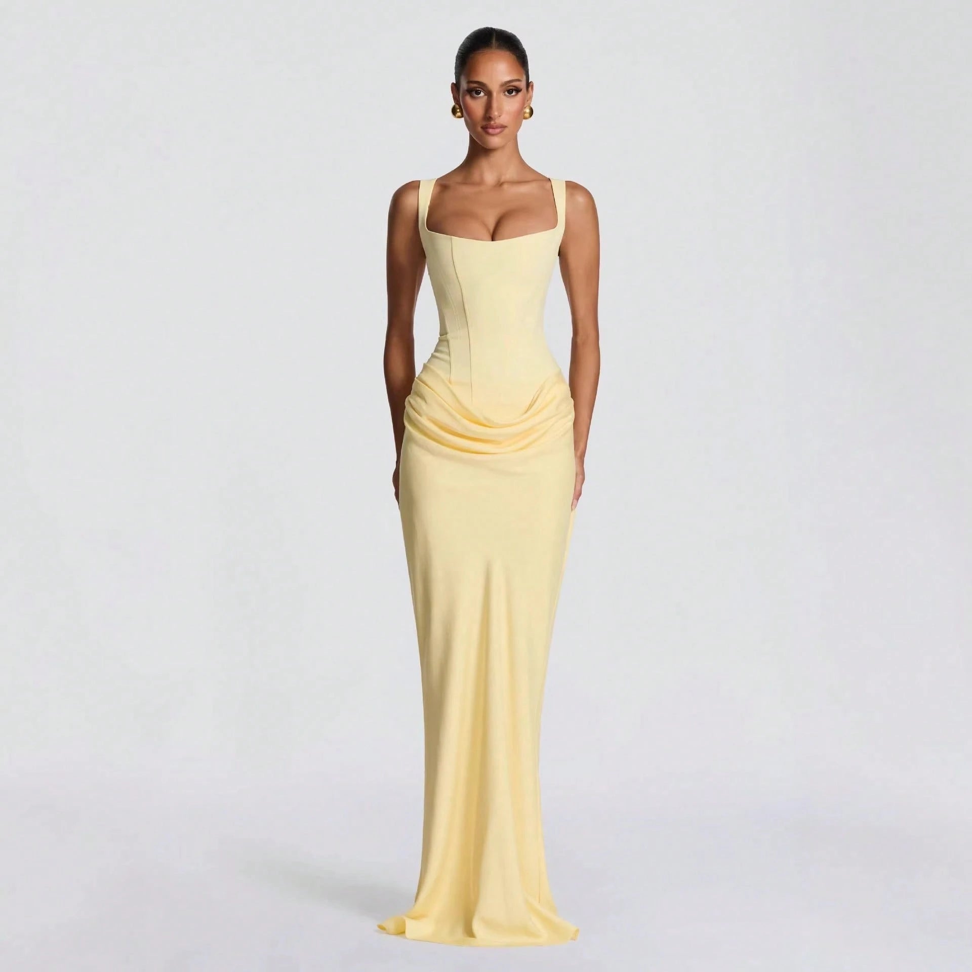 Women's Solid Color Sexy Bodycon Dress, Sleeveless Square Neck Ruched Maxi Gown, Elegant Formal Evening Party Dress