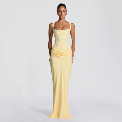 Women's Solid Color Sexy Bodycon Dress, Sleeveless Square Neck Ruched Maxi Gown, Elegant Formal Evening Party Dress