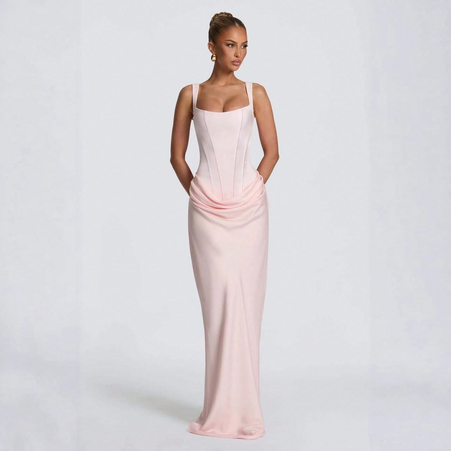 Women's Solid Color Sexy Bodycon Dress, Sleeveless Square Neck Ruched Maxi Gown, Elegant Formal Evening Party Dress