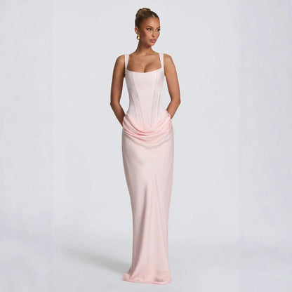 Women's Solid Color Sexy Bodycon Dress, Sleeveless Square Neck Ruched Maxi Gown, Elegant Formal Evening Party Dress