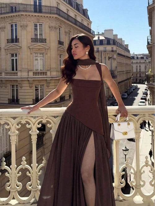 Women's Solid Color Square Neck Backless Tie Ruffle Hem Sexy Vacation Wedding Party Dress Elegant Summer Brown, Boho Chic