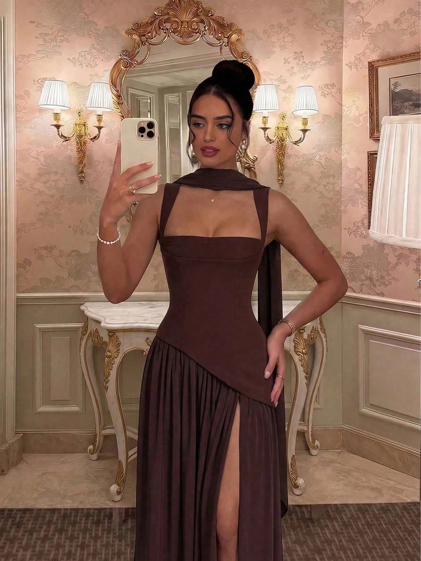 Women's Solid Color Square Neck Backless Tie Ruffle Hem Sexy Vacation Wedding Party Dress Elegant Summer Brown, Boho Chic
