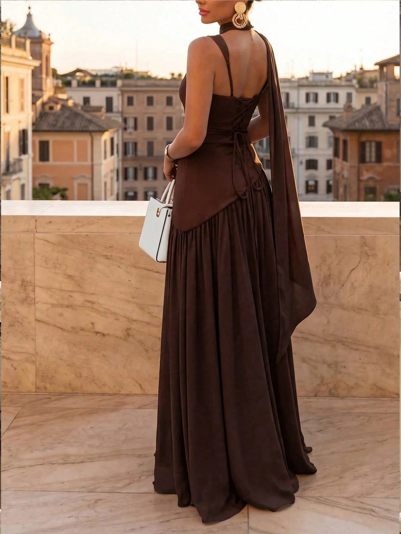 Women's Solid Color Square Neck Backless Tie Ruffle Hem Sexy Vacation Wedding Party Dress Elegant Summer Brown, Boho Chic