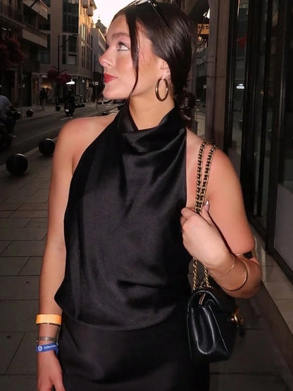 Women's Solid Color Turtleneck Halter Y2K Satin Camisole, Cute Streetwear For Summer Casual Black, Chic & Elegant