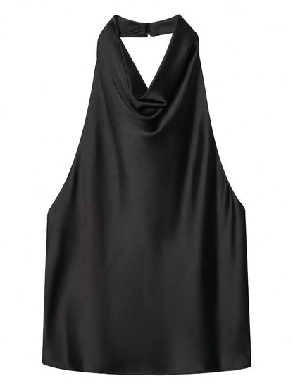 Women's Solid Color Turtleneck Halter Y2K Satin Camisole, Cute Streetwear For Summer Casual Black, Chic & Elegant