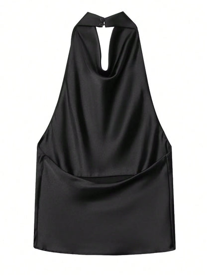 Women's Solid Color Turtleneck Halter Y2K Satin Camisole, Cute Streetwear For Summer Casual Black, Chic & Elegant