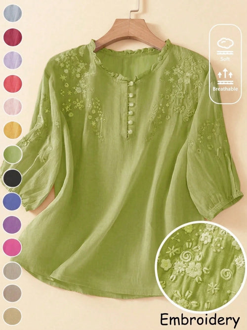 Women's Spring Summer Autumn Elegant Vintage Casual Boho Embroidered Blouse, Commute Holiday Vacation Daily Outing Viscose Embroidered Lightweight Loose Artistic Vintage Mid-Sleeve Shirt Top, Casual W
