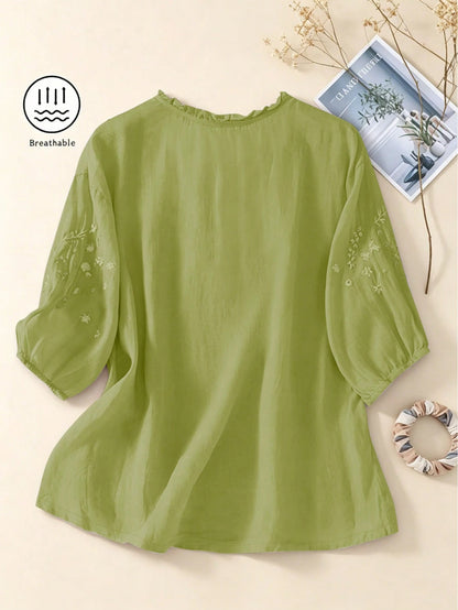 Women's Spring Summer Autumn Elegant Vintage Casual Boho Embroidered Blouse, Commute Holiday Vacation Daily Outing Viscose Embroidered Lightweight Loose Artistic Vintage Mid-Sleeve Shirt Top, Casual W