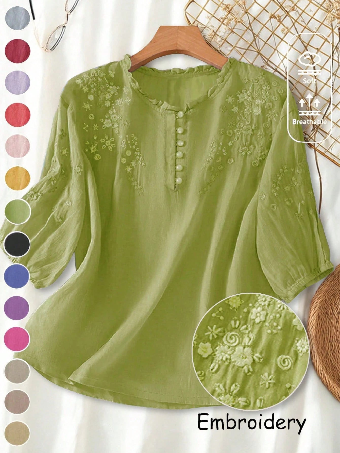 Women's Spring Summer Autumn Elegant Vintage Casual Boho Embroidered Blouse, Commute Holiday Vacation Daily Outing Viscose Embroidered Lightweight Loose Artistic Vintage Mid-Sleeve Shirt Top, Casual W