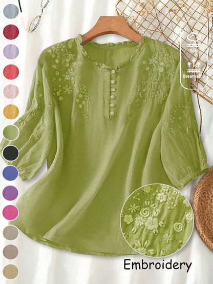 Women's Spring Summer Autumn Elegant Vintage Casual Boho Embroidered Blouse, Commute Holiday Vacation Daily Outing Viscose Embroidered Lightweight Loose Artistic Vintage Mid-Sleeve Shirt Top, Casual W