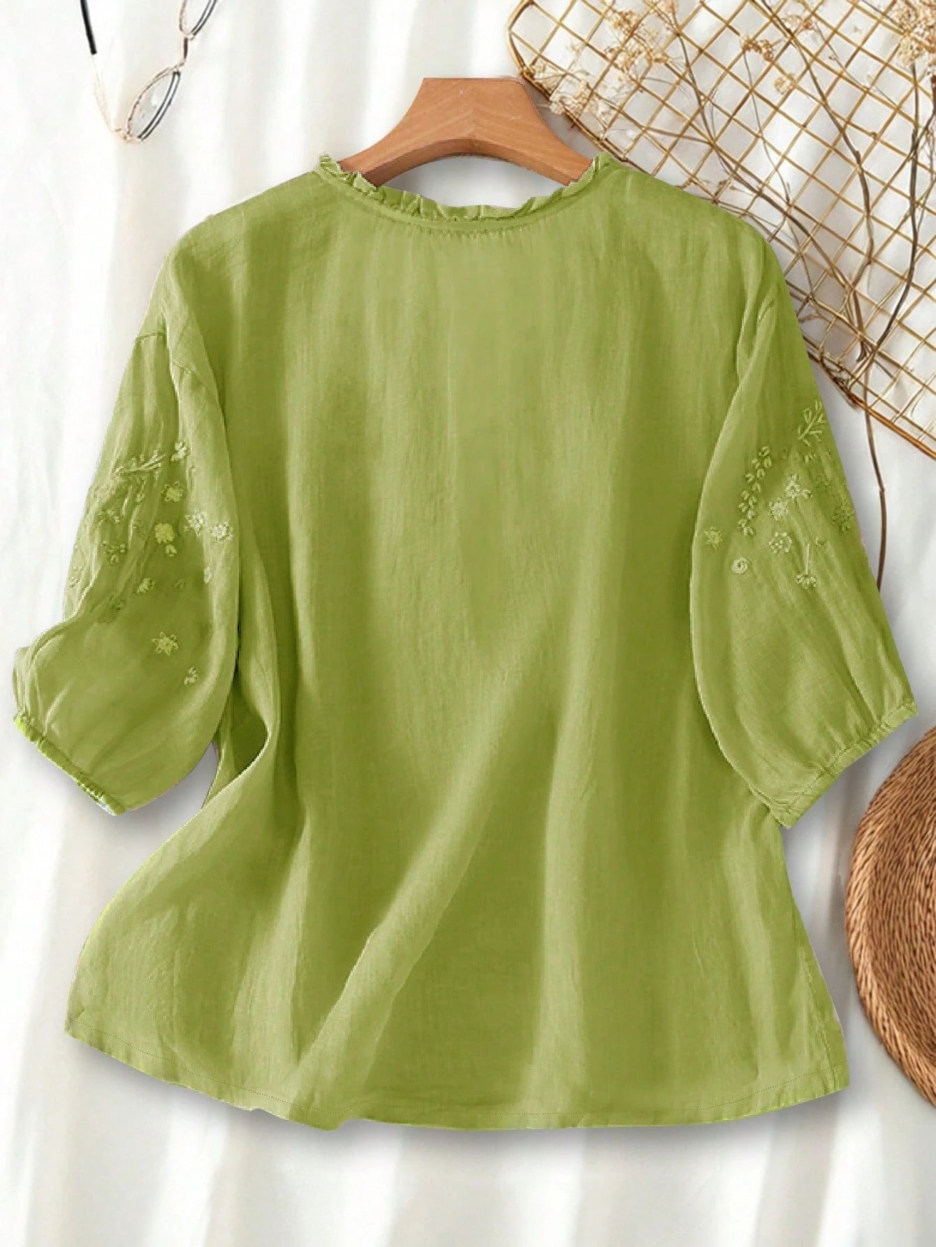 Women's Spring Summer Autumn Elegant Vintage Casual Boho Embroidered Blouse, Commute Holiday Vacation Daily Outing Viscose Embroidered Lightweight Loose Artistic Vintage Mid-Sleeve Shirt Top, Casual W