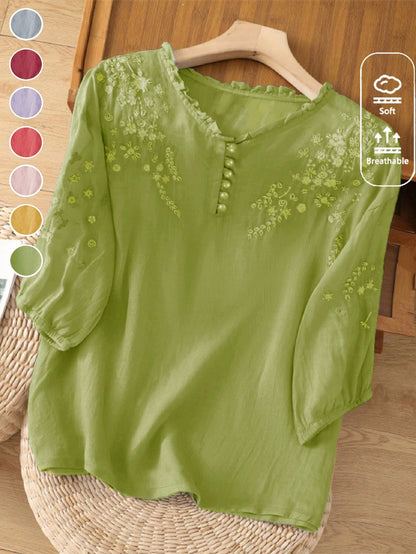 Women's Spring Summer Autumn Elegant Vintage Casual Boho Embroidered Blouse, Commute Holiday Vacation Daily Outing Viscose Embroidered Lightweight Loose Artistic Vintage Mid-Sleeve Shirt Top, Casual W