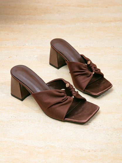 Women's Square Toe Chunky High Heel Buckle Sandals, Summer Shoes, Open Toe, Gold, Brown