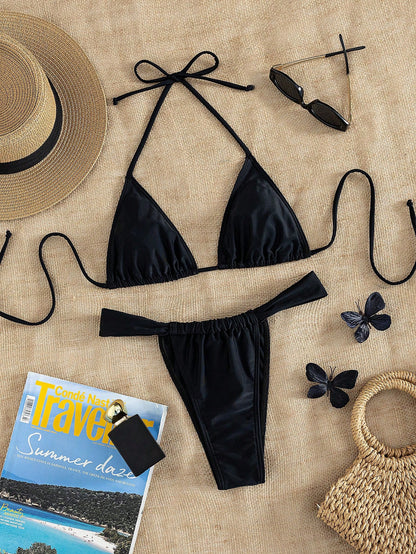 Women's Striped Print Halter Tie Two Pieces Swimwear, Sexy Fashion Minimalist Black Vacation Beach