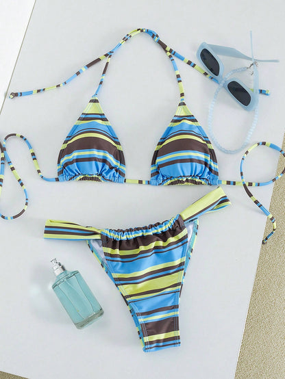 Women's Striped Print Halter Tie Two Pieces Swimwear, Sexy Fashion Minimalist Black Vacation Beach
