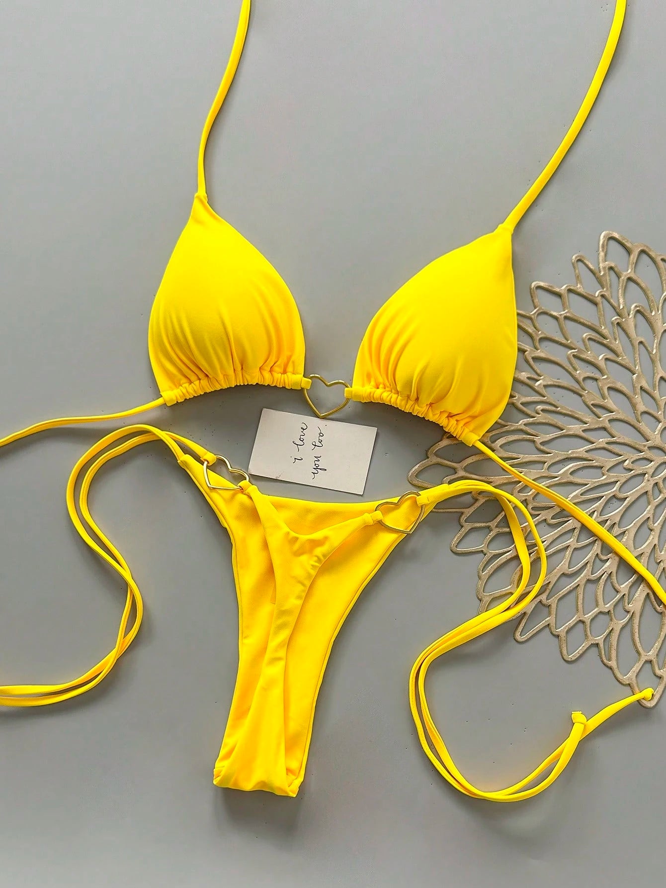 Women's Summer Beach Solid Color Halter Tie Sexy Bikini And Triangle Panty Swimwear Set Vacation Yellow