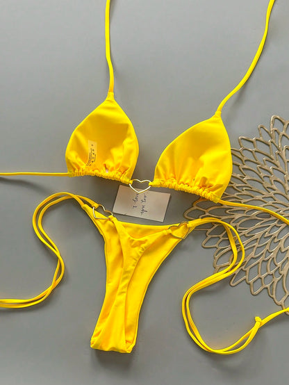 Women's Summer Beach Solid Color Halter Tie Sexy Bikini And Triangle Panty Swimwear Set Vacation Yellow