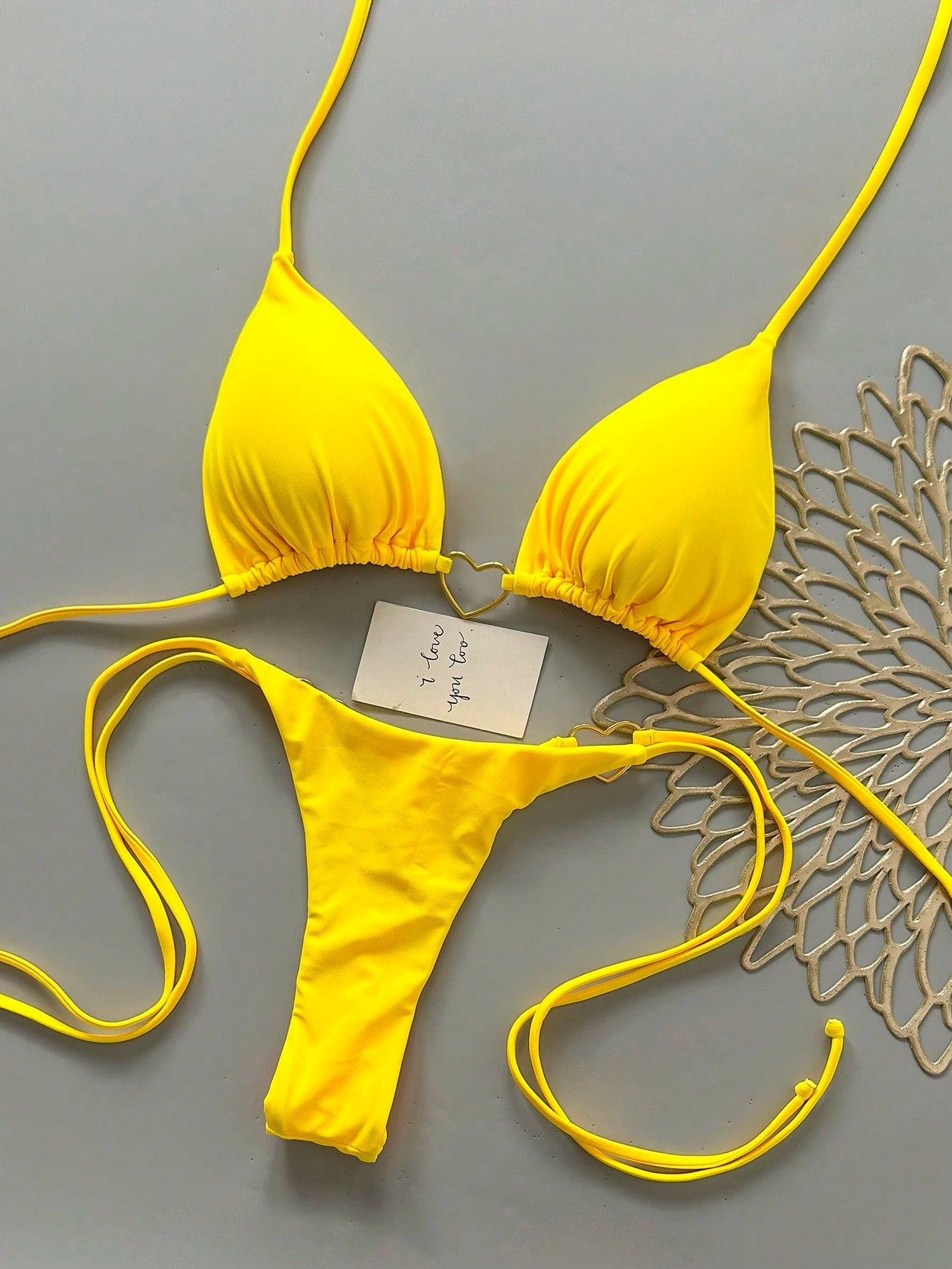 Women's Summer Beach Solid Color Halter Tie Sexy Bikini And Triangle Panty Swimwear Set Vacation Yellow