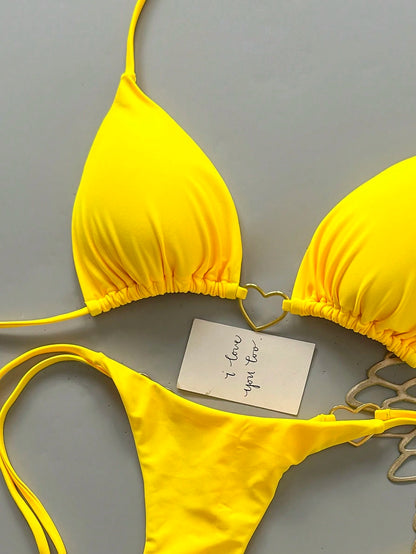 Women's Summer Beach Solid Color Halter Tie Sexy Bikini And Triangle Panty Swimwear Set Vacation Yellow
