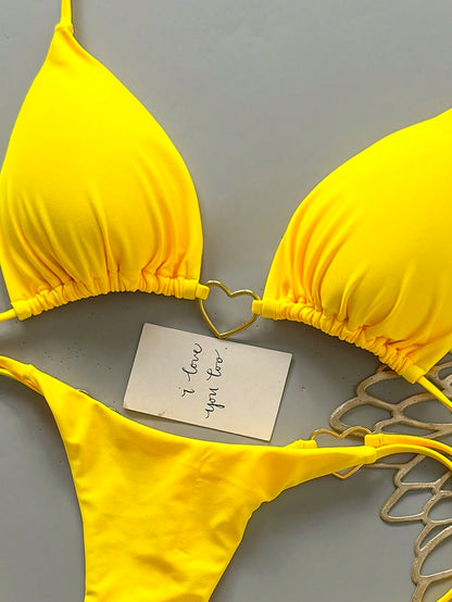 Women's Summer Beach Solid Color Halter Tie Sexy Bikini And Triangle Panty Swimwear Set Vacation Yellow