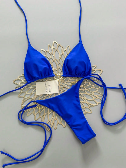 Women's Summer Beach Solid Color Halter Tie Sexy Bikini And Triangle Panty Swimwear Set Vacation Yellow