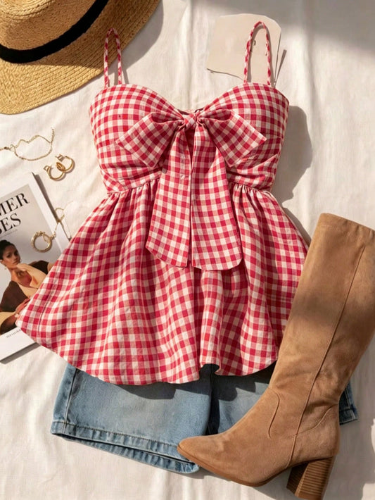 Women's Summer Camisole, Women's Plaid Camisole Top For Vacation, Graduation, Wedding, Back To School, Vintage Style Camisole, Cute Casual Summer Day, Romantic Country Style, Loose Comfortable Hem Cam